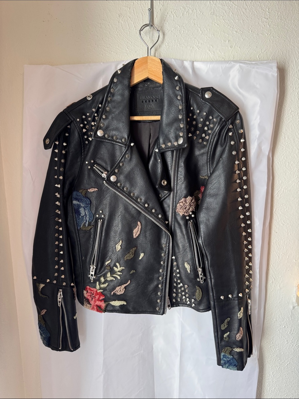Blank NYC Black Studded Leather Jacket with Floral Embroidery